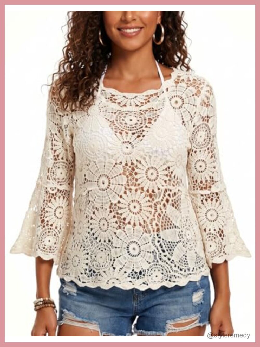 Women's Boho Crochet Crop Sweater Pullover Viscose Nylon 3/4 Sleeve